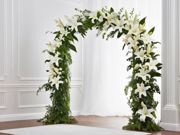 Un elegante arco de bodas adornado con lirios blancos en cascada