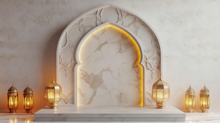 Elegante arco islámico con linternas encendidas y fondo de mármol Diseño interior de Ramadán