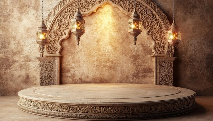 Elegante arquitectura islámica adornada con una plataforma de piedra con linternas colgantes