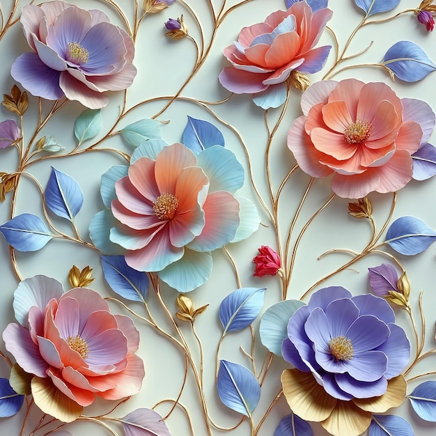 Elegante arreglo floral 3D con colores pastel y acentos dorados