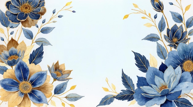 Elegante arreglo floral en acuarela con acentos azules y dorados