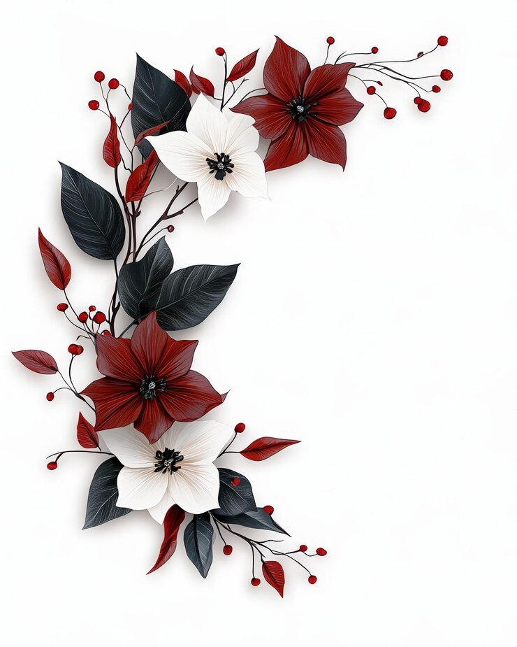 Elegante arreglo floral con flores rojas y blancas con hojas perfectas para invitaciones y diseños decorativos