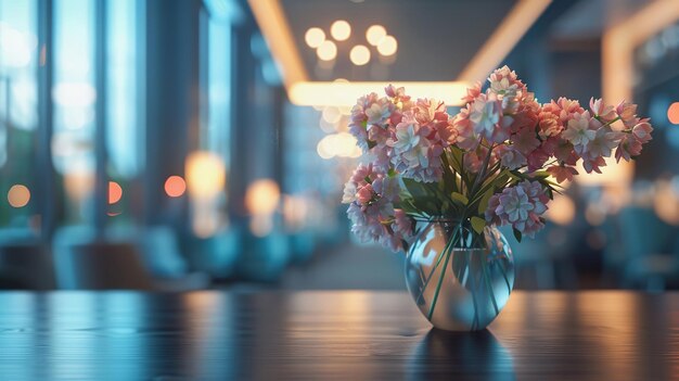 Elegante arreglo floral en la mesa del vestíbulo del hotel maqueta comercial