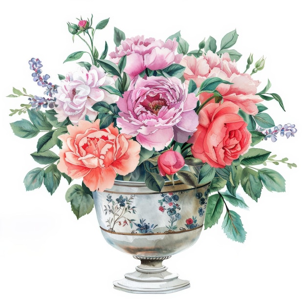 Elegante arreglo floral con rosas y peonías de colores en un jarrón decorativo perfecto para la decoración del hogar o tarjetas de felicitación