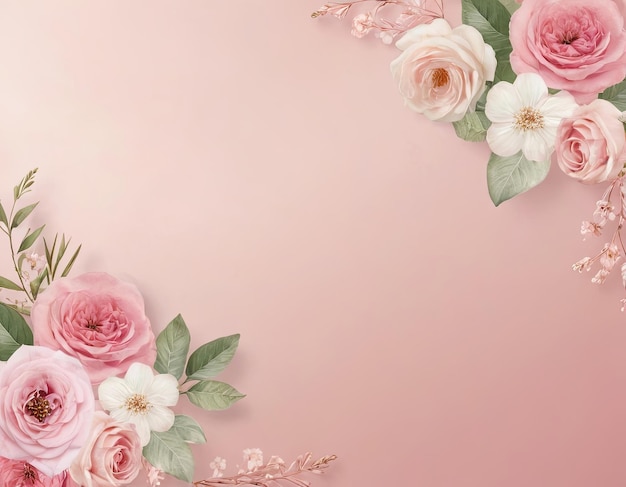 Elegante arreglo floral con rosas rosadas suaves y flores blancas sobre un fondo pastel