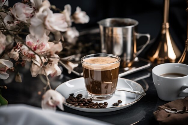 Elegante arreglo de mesa de café con flores y tazas