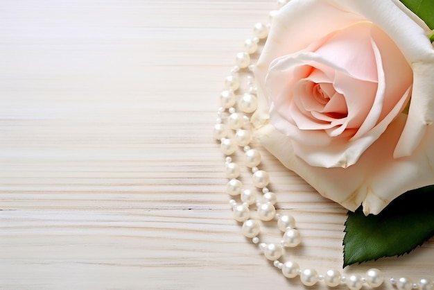 Elegante arreglo de rosas y perlas en una esquina de la mesa de madera blanca Cautivador floral y clásico Fu