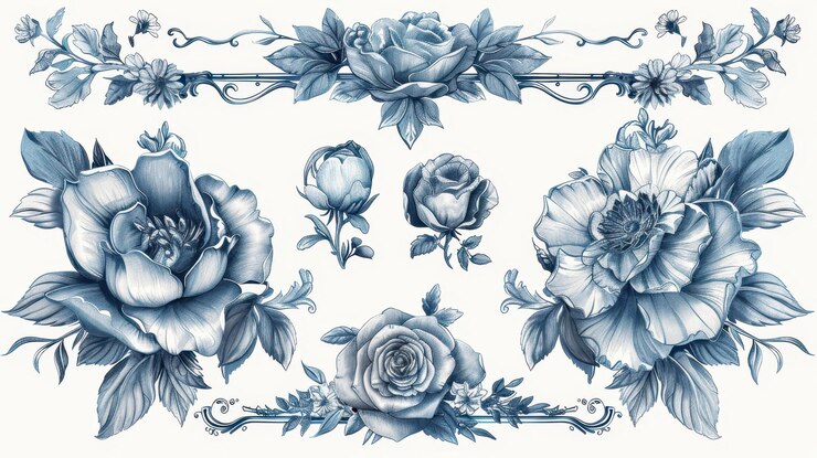 Elegante arte de marco floral azul con diseños detallados de rosas perfectos para el clásico