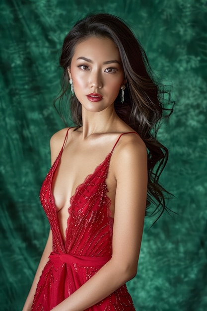 Elegante asiatische Frau in einem glamourösen roten Abendkleid posiert vor einem textierten grünen Hintergrund