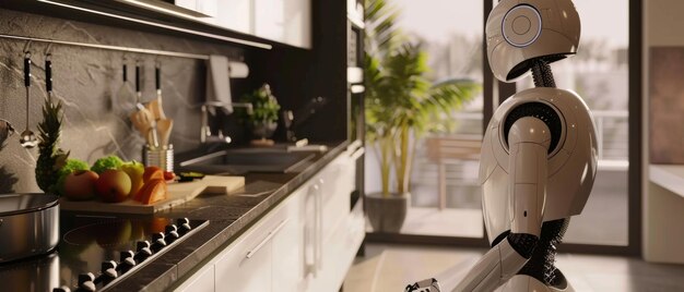 El elegante asistente robótico contempla en una cocina moderna insinuando una nueva era de automatización del hogar