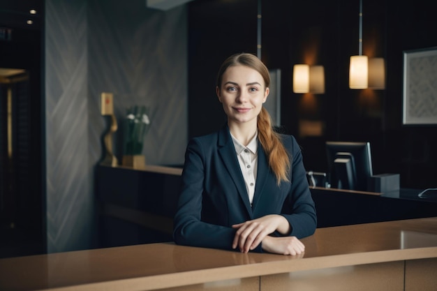 Foto elegante assistente executivo num hotel de luxo à recepção.