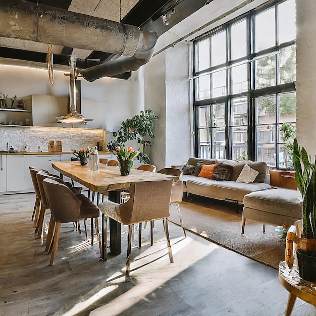 Elegante ático con cocina con sillas de mesa sofá y mucha luz