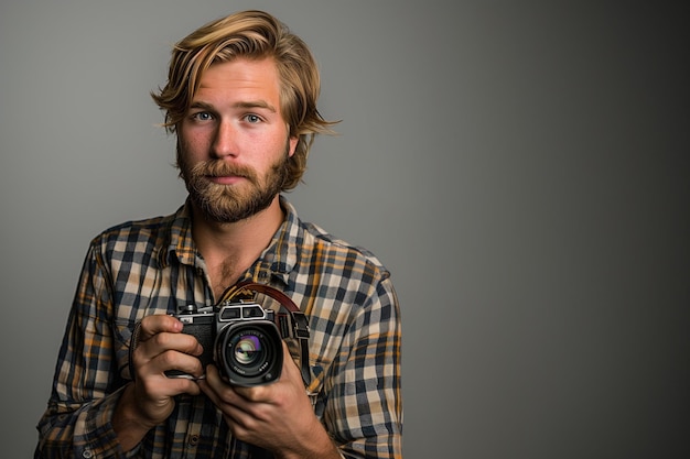 Foto el elegante y atractivo camarógrafo con una camisa a cuadros sostiene en las manos una vieja cámara de cine