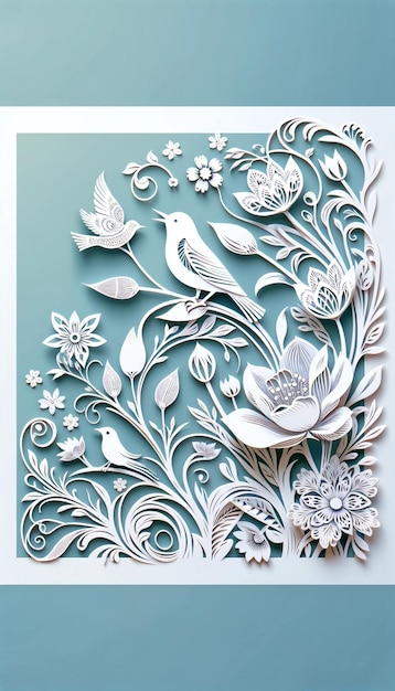 Elegante aus Papier geschnittene Vögel und Blumen