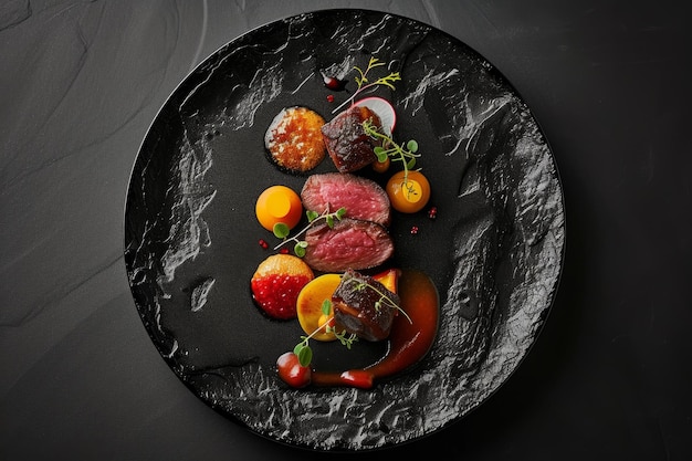 Elegante Ausstellung der Michelin-Sterne-Küche auf stilvoller schwarzer Hintergrundplatte