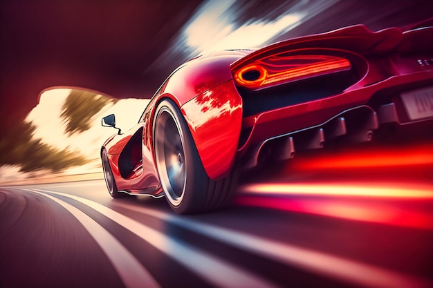 Foto un elegante auto deportivo rojo avanza por la carretera dejando un rastro de asombro