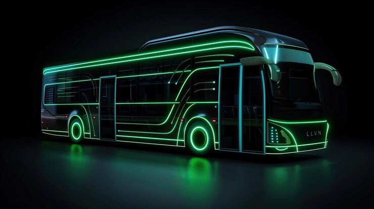 elegante autobús negro futurista con luces de neón verde brilla en la oscuridad