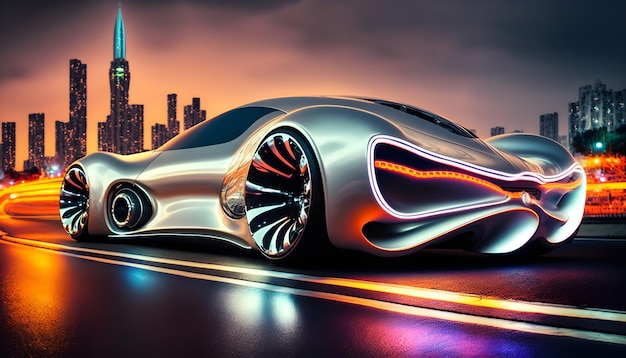 El elegante automóvil futurista plateado se desliza sin esfuerzo a través de un paisaje urbano iluminado con luces de neón.