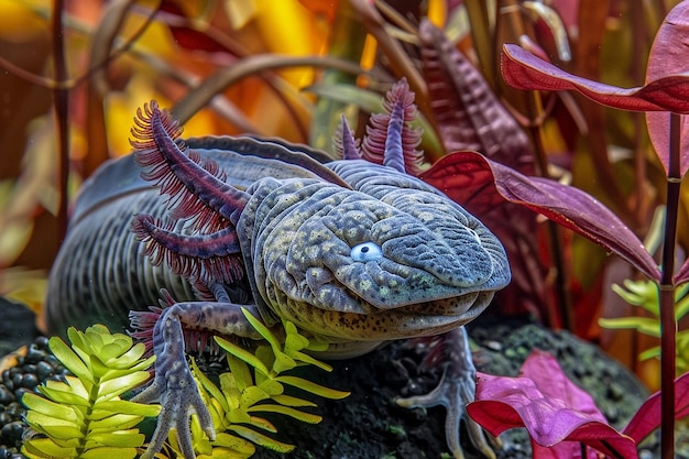 El elegante axolotl nadando entre las plantas