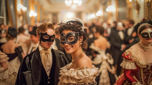 Foto elegante baile de máscaras en el gran salón con invitados con máscaras venecianas y trajes antiguos disfrutando
