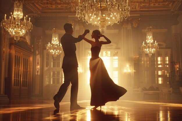 Foto elegante ballsaal-tänzer, die sich unter einem kronleuchter drehen