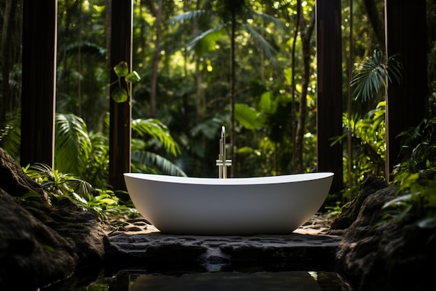 Una elegante bañera blanca en medio de la selva