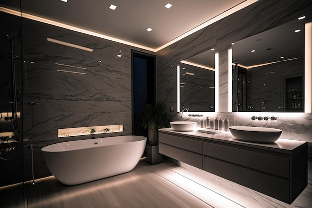 elegante baño de mármol gris con iluminación LED