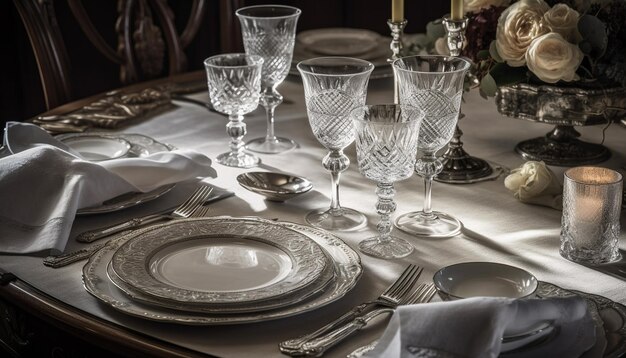 Elegante banquete en una mesa ornamentada con vajilla de cristal y  cubiertos generados por ia