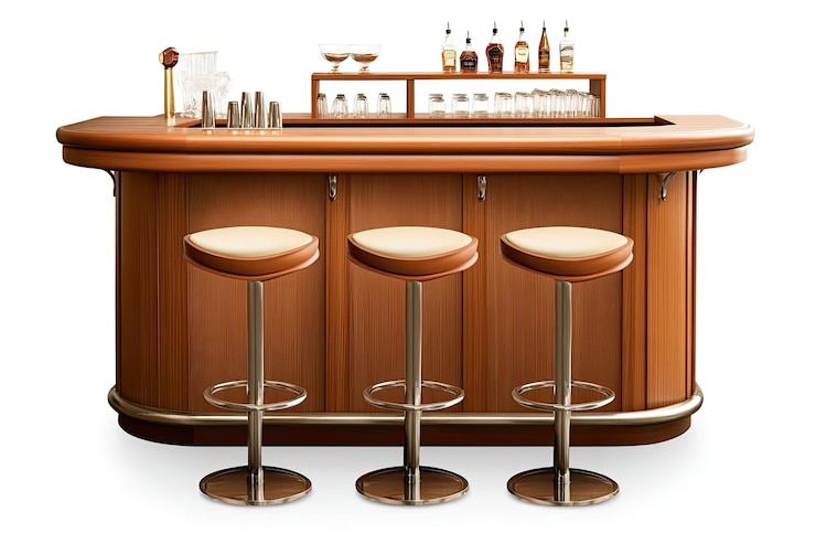 Foto elegante bar de madera con tres taburetes de bar abastecidos con licor y vidrio