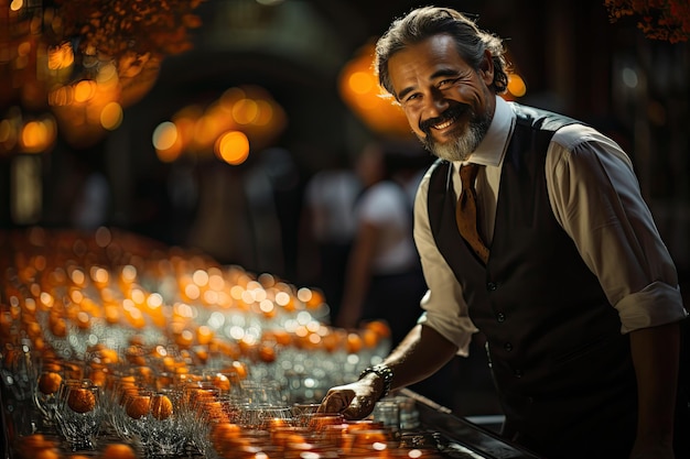 Un elegante barman sirve espumosos en un glamuroso evento de gala generativo IA