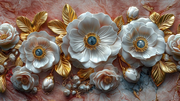 Elegante barocke goldene Blumendekorationen auf luxuriösem Marmor