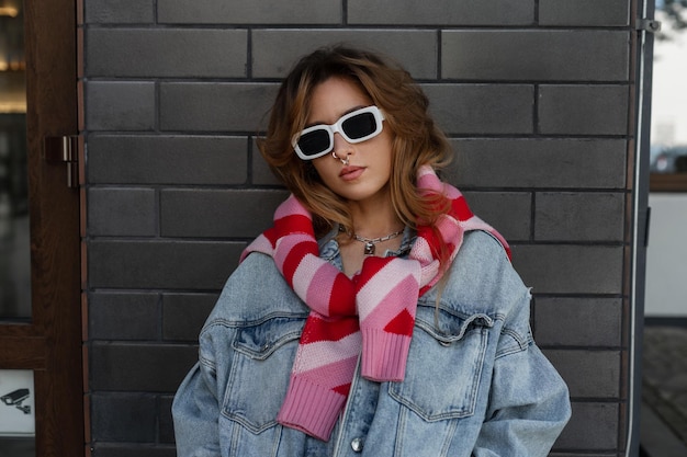 Elegante bela jovem hipster modelo mulher com um piercing no nariz com óculos de sol brancos legais em roupas urbanas de moda com jaqueta jeans e moletom rosa em pé perto da parede preta na rua
