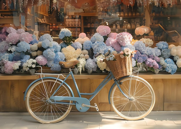 Foto elegante bicicleta con una canasta llena de delicadas flores vibraciones de primavera