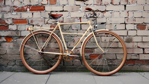 Una elegante bicicleta vintage está estacionada frente a una pared de ladrillo La bicicleta es de color crema con neumáticos marrones y una silla de montar marrón