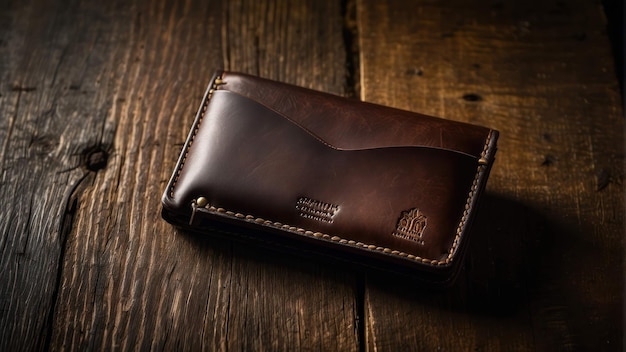 Elegante billetera de cuero con fondo de madera