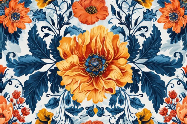 Elegante blaue und orangefarbene Blumenmuster auf hellem Hintergrund