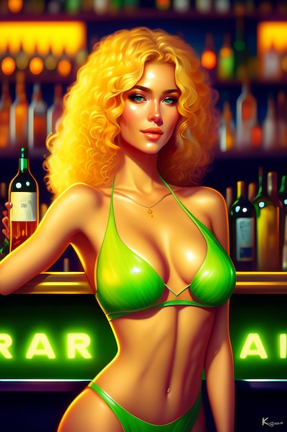 Elegante blonde brasilianische Zwillingsfrau mit lächelndem lockigem Haar und einem gelben und grünen Bikini in einer Bar