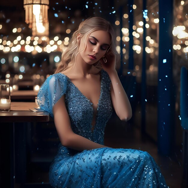 Elegante blonde Dame im blauen Abendkleid sitzt allein im Restaurant