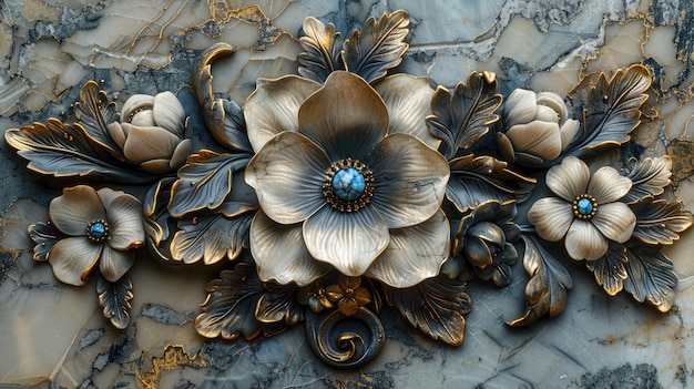 Elegante Blumen-Metallwerkkunst auf textiertem Marmor-Hintergrund