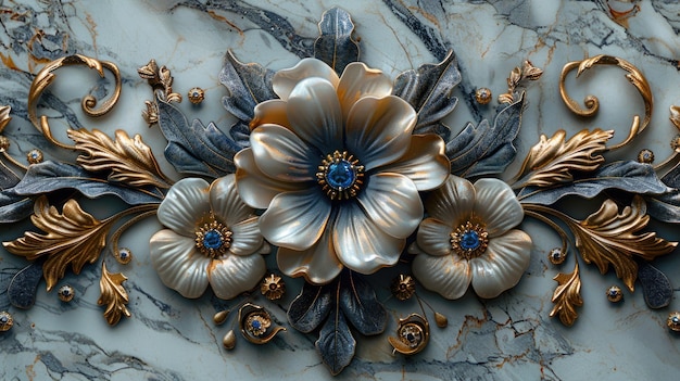 Elegante Blumen-Metallwerkkunst auf textiertem Marmor-Hintergrund