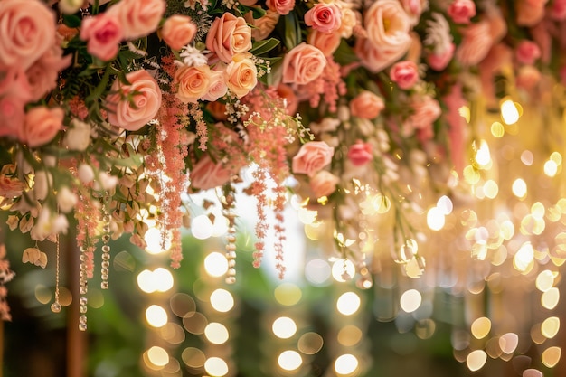 Elegante Blumenarrangement mit Rosen und Hängelampen für einen romantischen Hochzeitsempfang oder -ereignis