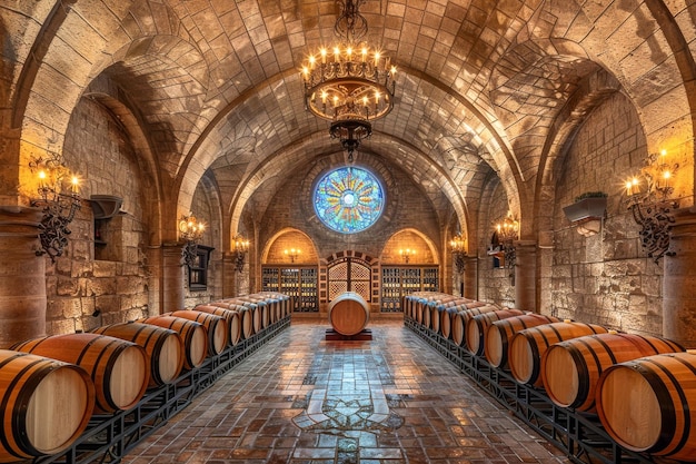 Elegante bodega subterránea con filas simétricas de barriles de vino de roble, iluminación dorada ambiental con candelabros y un piso de adoquines que conduce a una vidriera al final