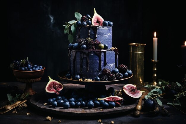 Elegante bolo de casamento azul da meia-noite