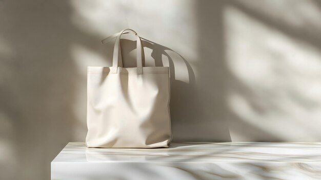 Elegante bolsa de cuero blanco en una exhibición de mármol en un entorno minimalista