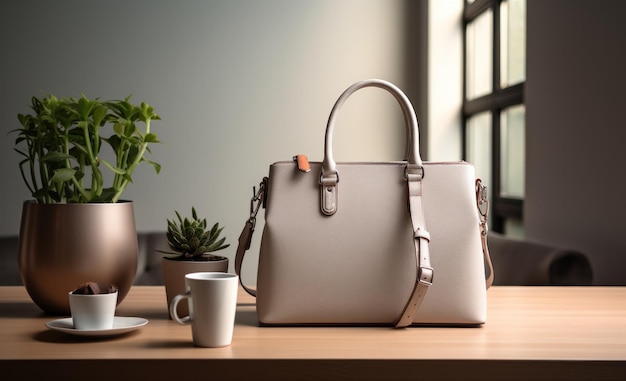 Elegante bolsa de cuero moderna en la mesa de café