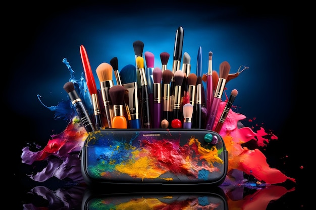 Una elegante bolsa de maquillaje llena de lápices labiales vibrantes, sombrillas para los ojos, paletas y pinceles.