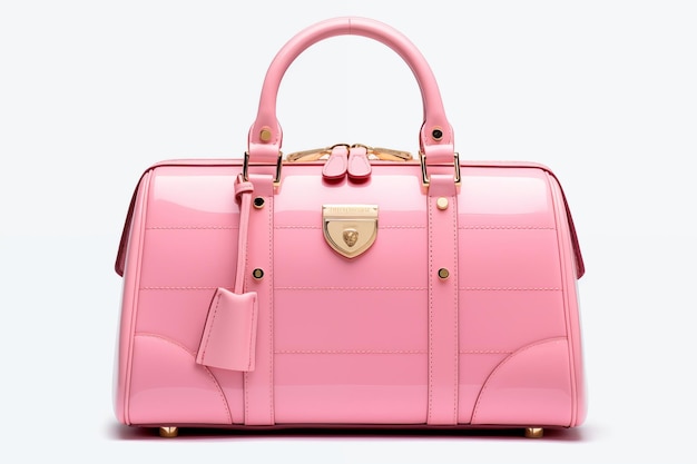 Elegante bolso de cuero rosado patentado con hardware de tono dorado ideal para una colección de accesorios de moda de lujo