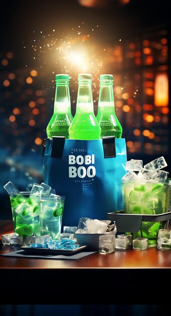 Foto elegante bomba de soju coreana garrafas de soju copos de cerveja cunhas de cal neon layout de fundo de tendência