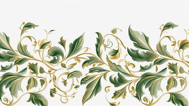 Elegante borde floral con hojas verdes y doradas sobre fondo blanco IA generativa