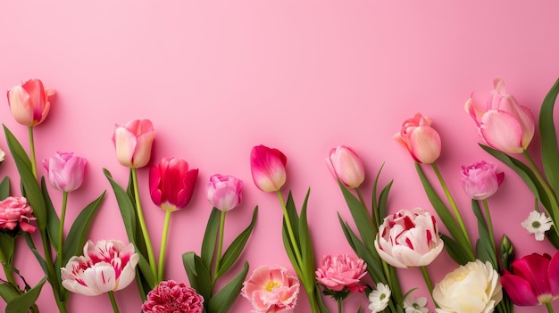 Elegante borde floral con una variedad de flores de tonos rosados en un fondo rosa suave